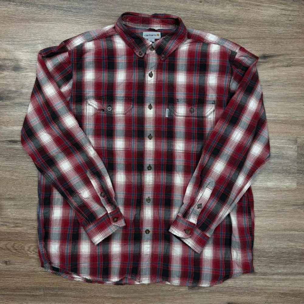 red plaid carhartt relaxed fit long sleeve button up shirt